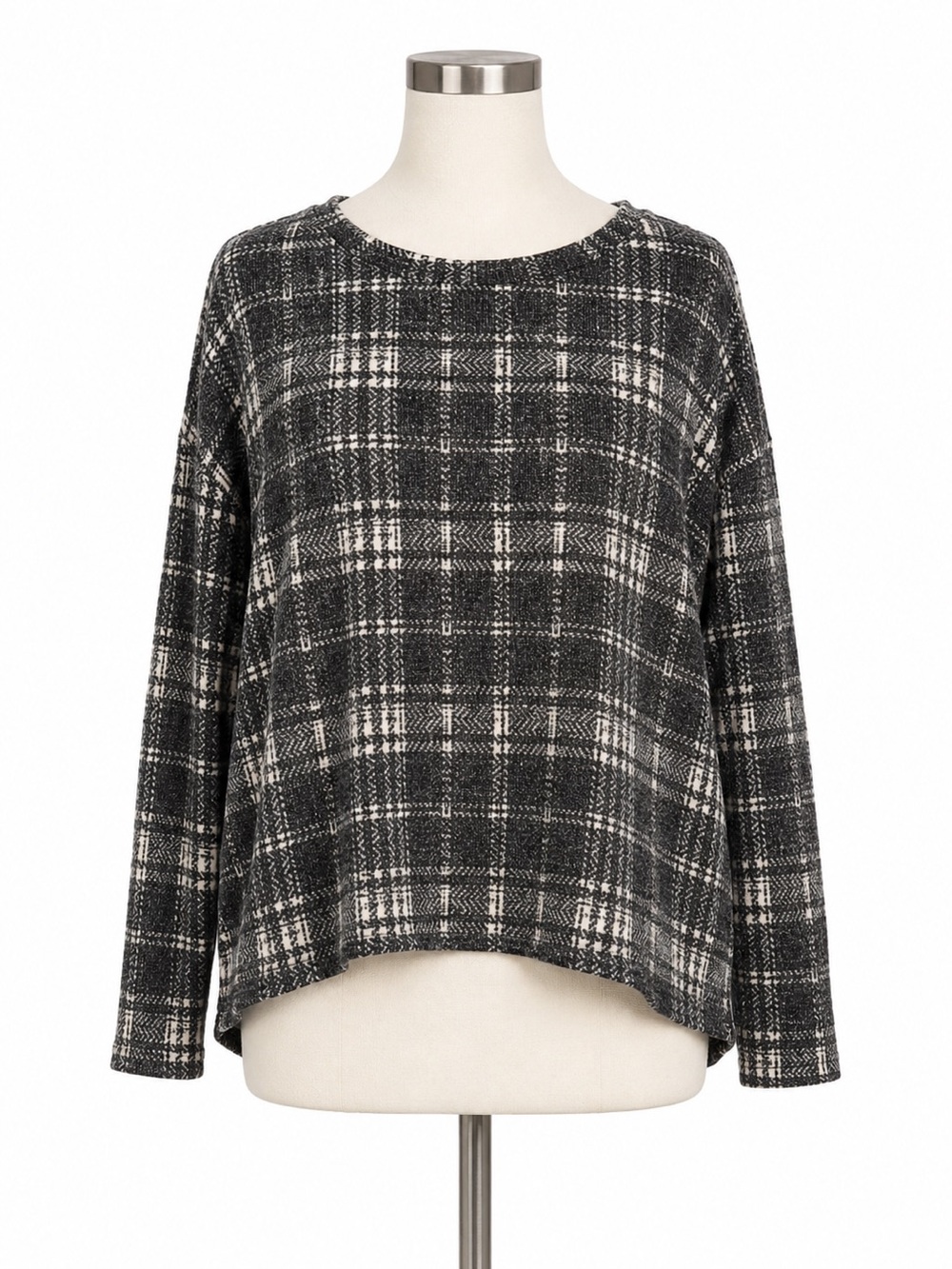Zenana Outfitters Plaid Tunic Top Size M Black White Oversized Brushed Knit High